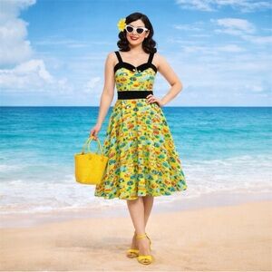 Banned Apparel Dress XS Camper Van Print Pinup Swing Midi Retro Rockabilly